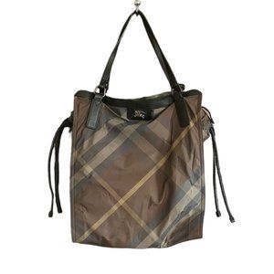 Burberry Buckleigh Tote Packable Nylon & Leather Brown Plaid Expandable Bag